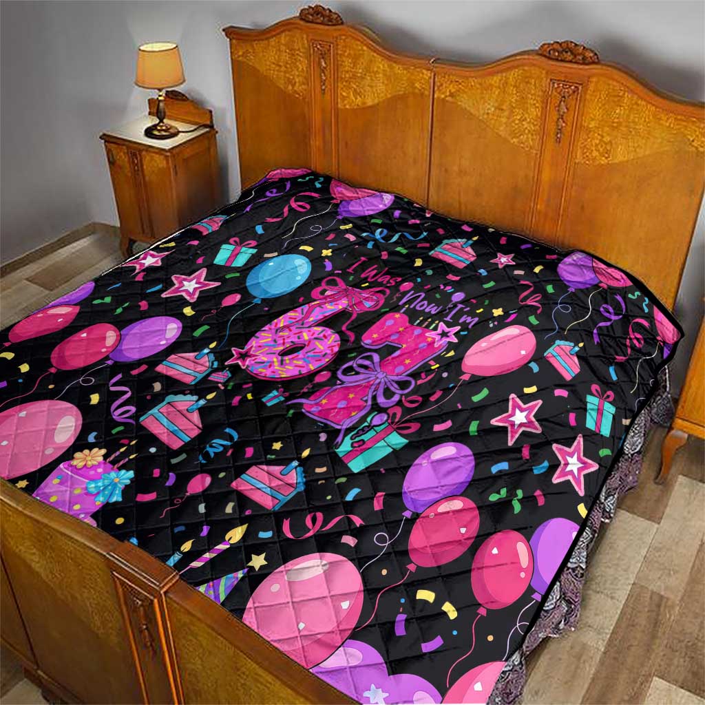7th Birthday Girl Quilt with Cake Balloons Confetti and I Was 6 Now I'm 7