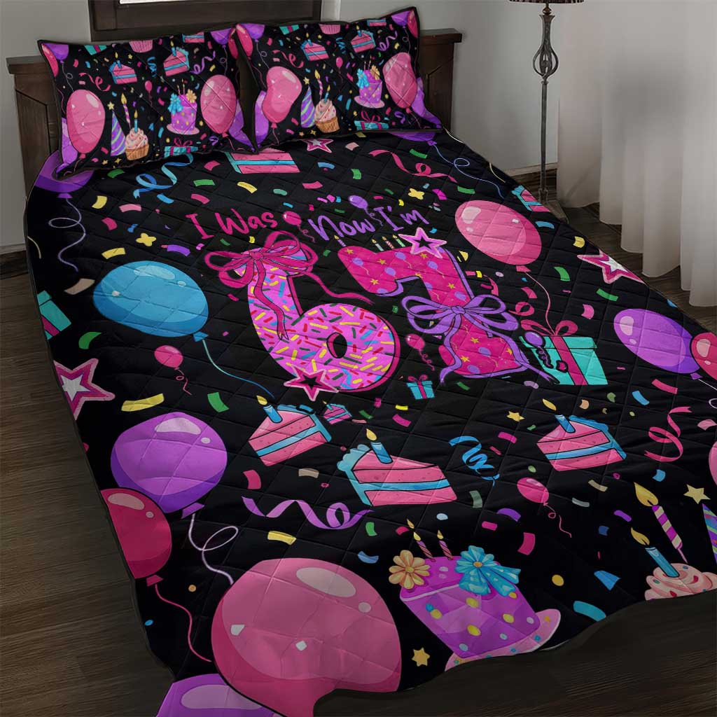 7th Birthday Girl Quilt Bed Set with Cake Balloons Confetti and I Was 6 Now I'm 7