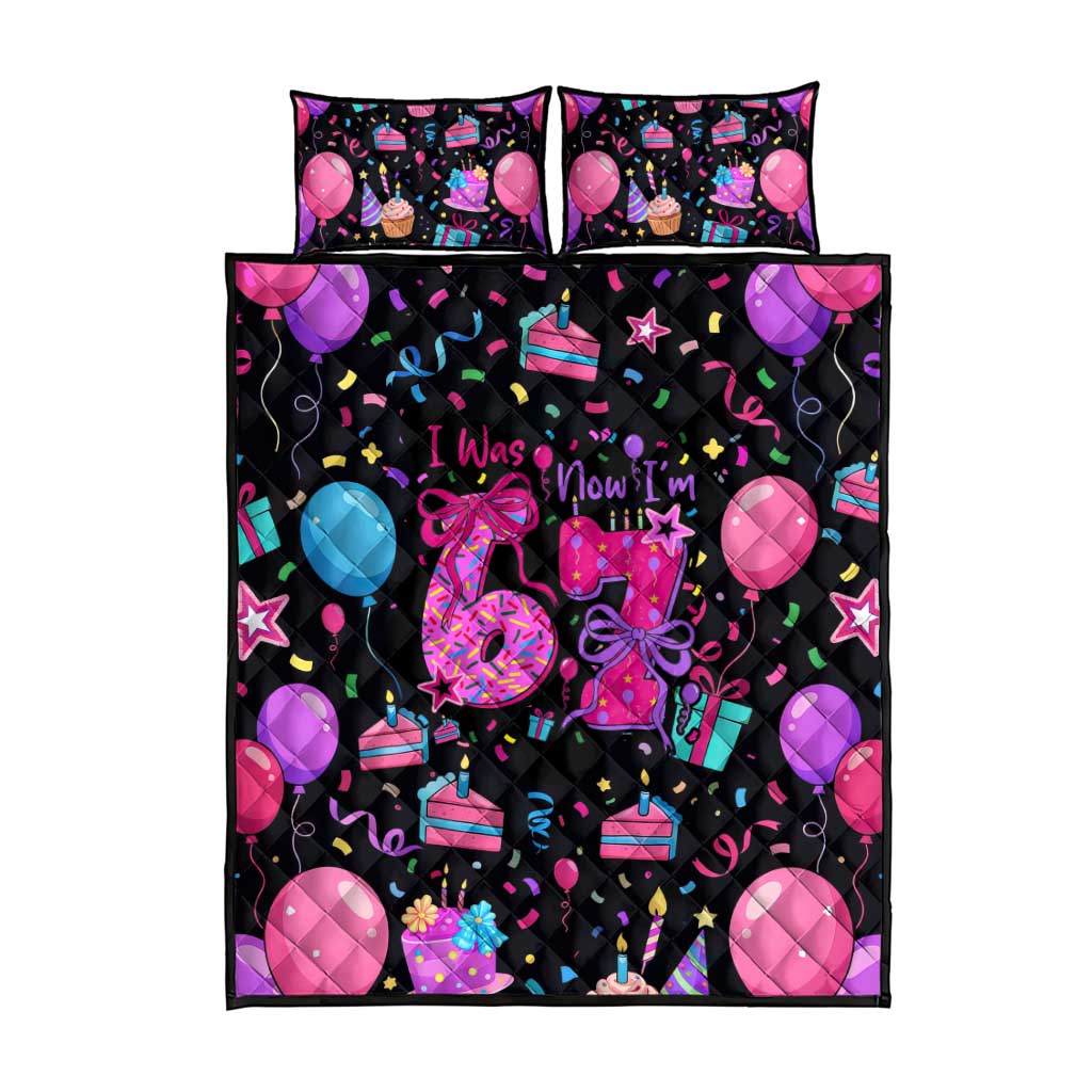 7th Birthday Girl Quilt Bed Set with Cake Balloons Confetti and I Was 6 Now I'm 7