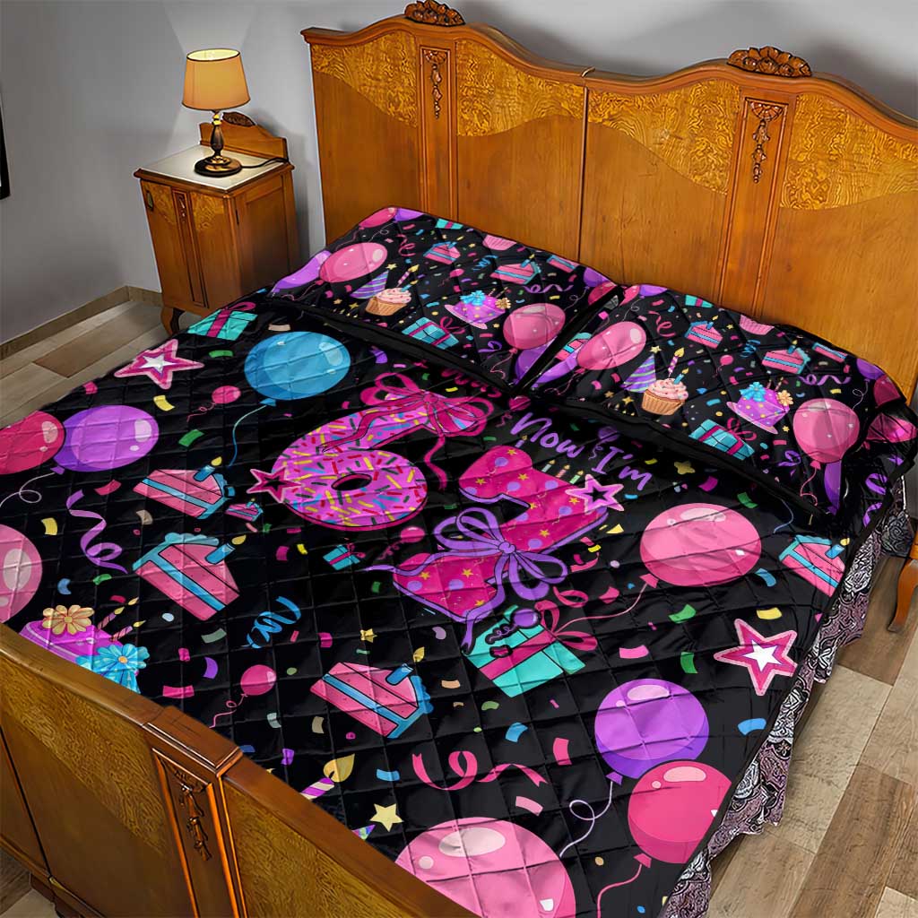 7th Birthday Girl Quilt Bed Set with Cake Balloons Confetti and I Was 6 Now I'm 7