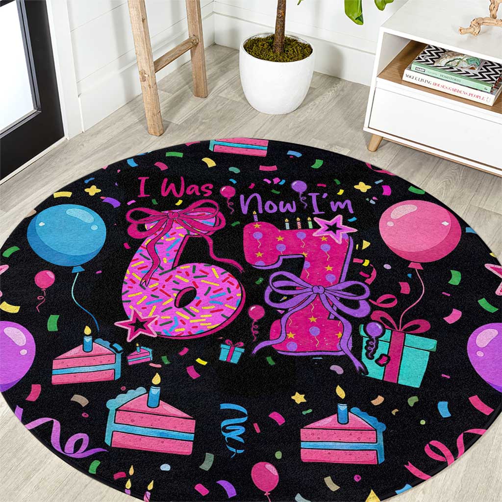7th Birthday Girl Round Carpet with Cake Balloons Confetti and I Was 6 Now I'm 7