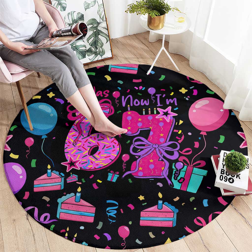 7th Birthday Girl Round Carpet with Cake Balloons Confetti and I Was 6 Now I'm 7