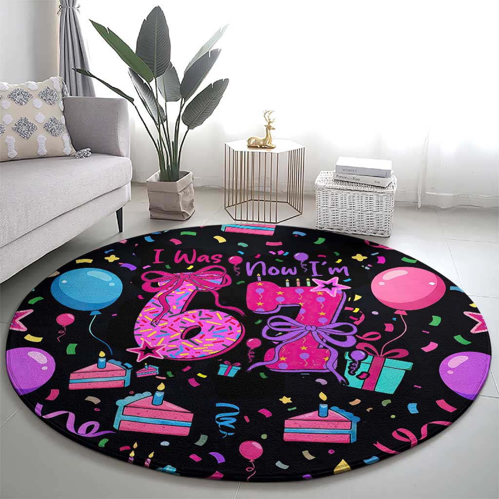 7th Birthday Girl Round Carpet with Cake Balloons Confetti and I Was 6 Now I'm 7