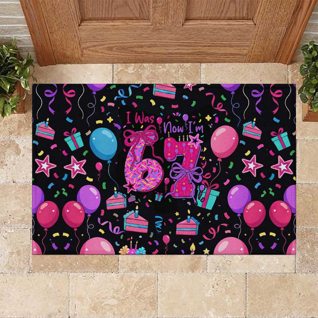 7th Birthday Girl Rubber Doormat with Cake Balloons Confetti and I Was 6 Now I'm 7