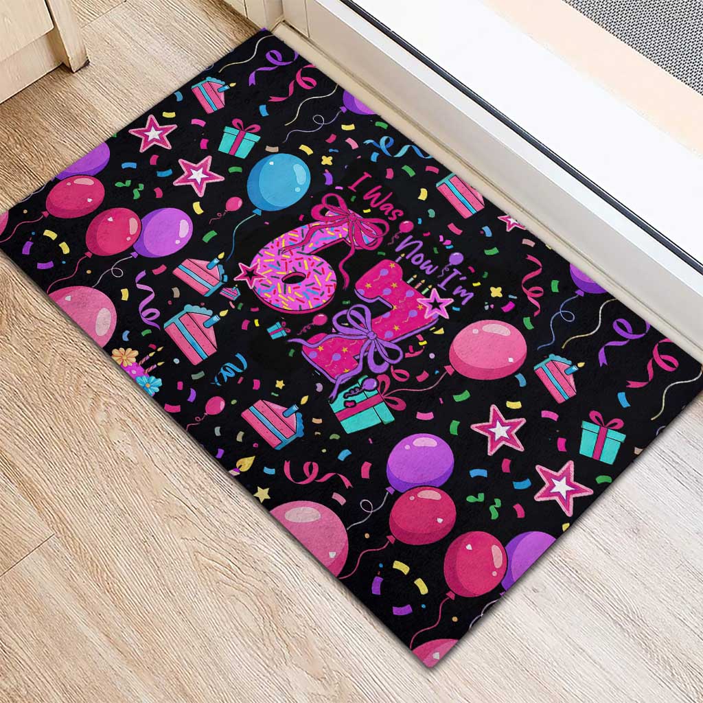 7th Birthday Girl Rubber Doormat with Cake Balloons Confetti and I Was 6 Now I'm 7