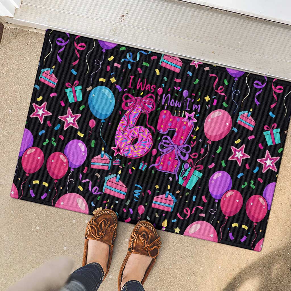 7th Birthday Girl Rubber Doormat with Cake Balloons Confetti and I Was 6 Now I'm 7