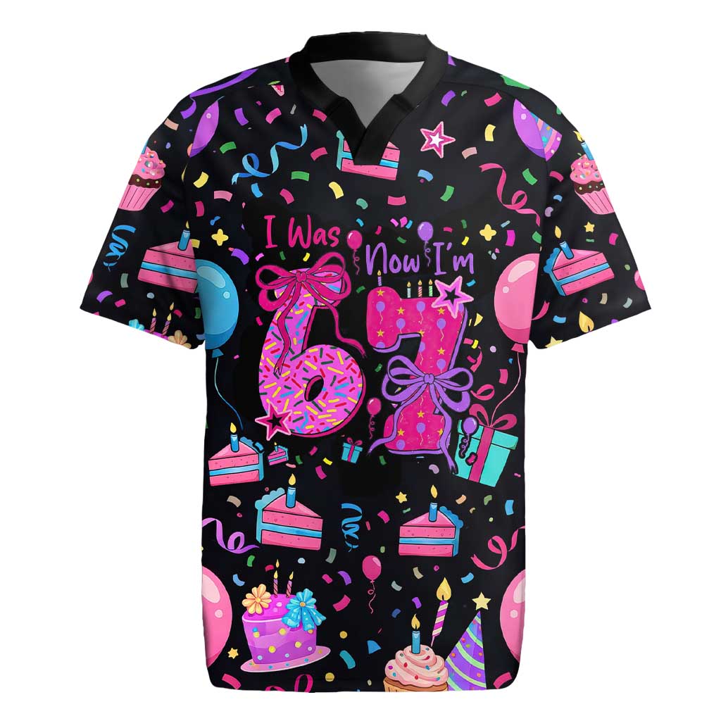 7th Birthday Girl Rugby Jersey with Cake Balloons Confetti and I Was 6 Now I'm 7