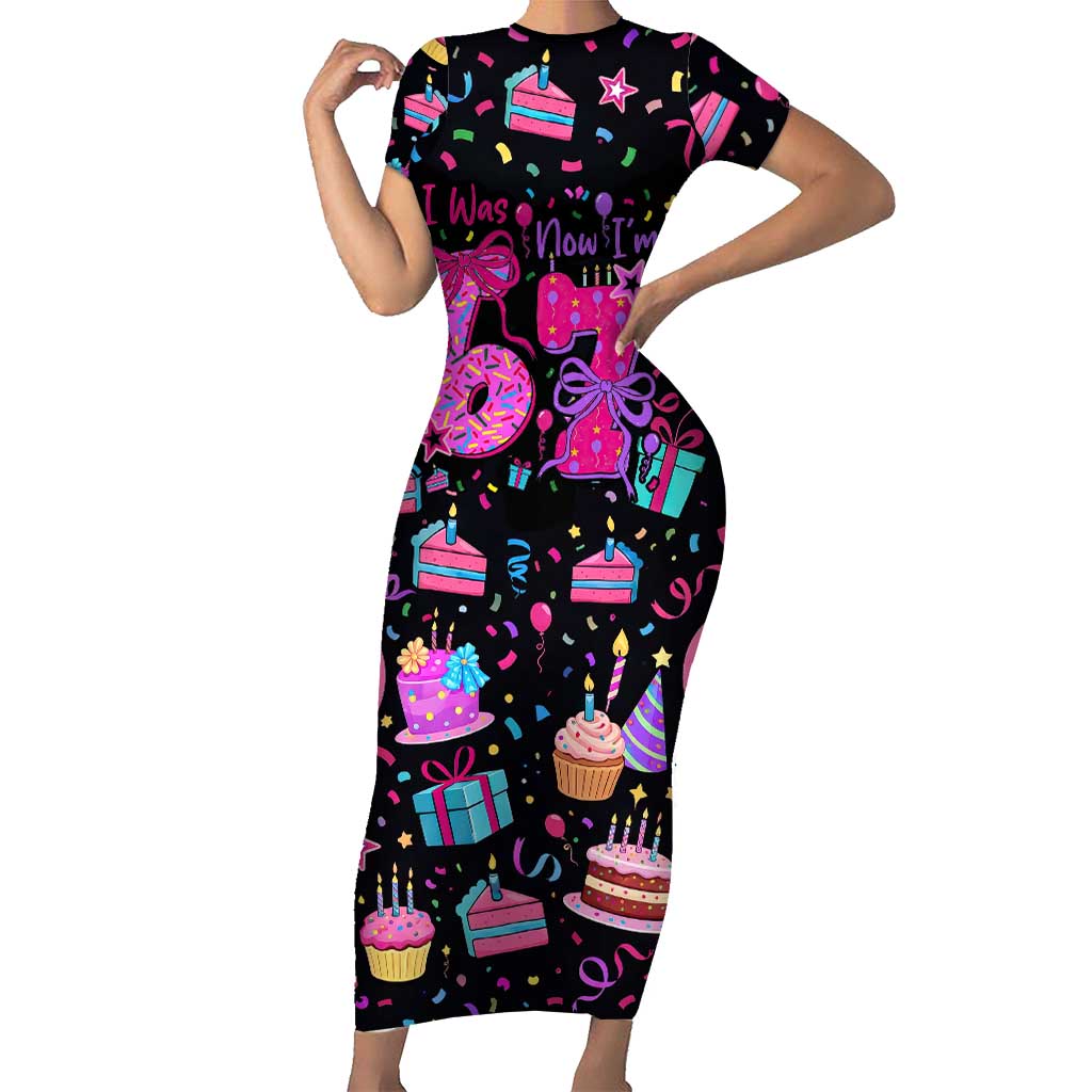 7th Birthday Girl Short Sleeve Bodycon Dress with Cake Balloons Confetti and I Was 6 Now I'm 7