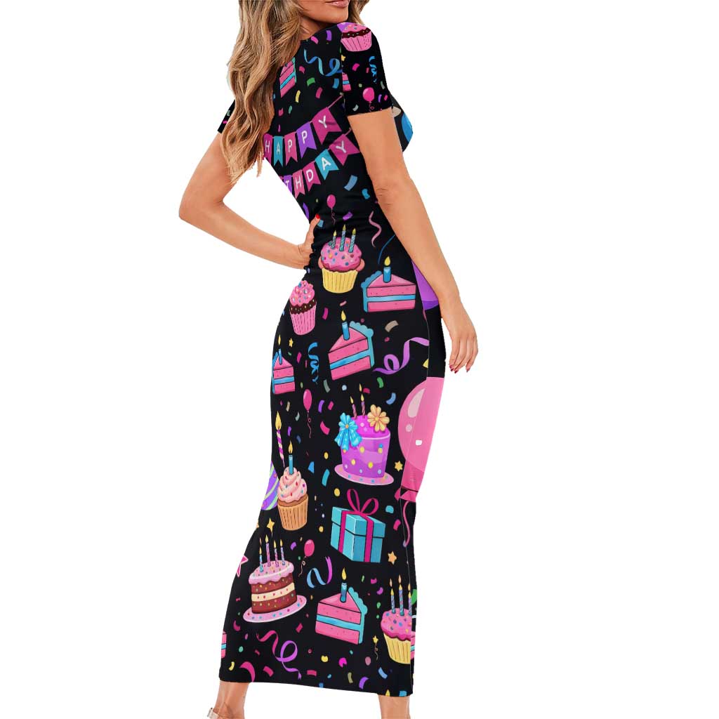 7th Birthday Girl Short Sleeve Bodycon Dress with Cake Balloons Confetti and I Was 6 Now I'm 7