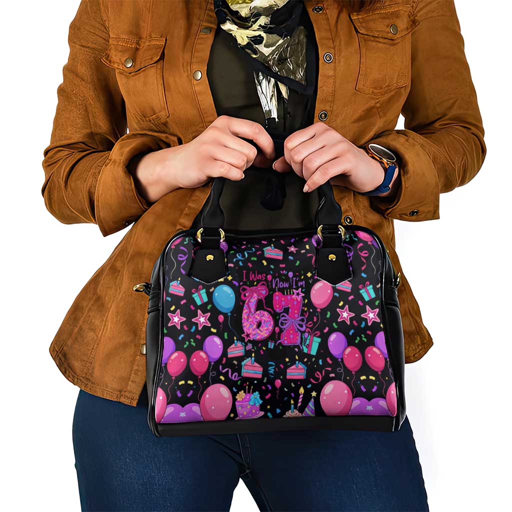 7th Birthday Girl Shoulder Handbag with Cake Balloons Confetti and I Was 6 Now I'm 7