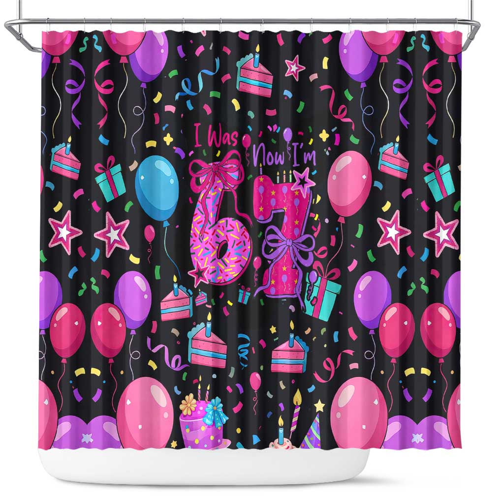 7th Birthday Girl Shower Curtain with Cake Balloons Confetti and I Was 6 Now I'm 7