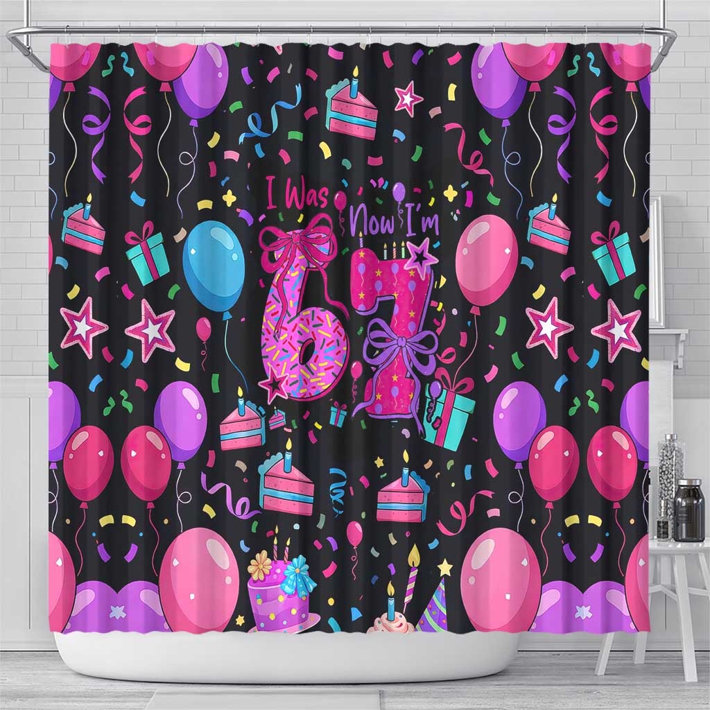 7th Birthday Girl Shower Curtain with Cake Balloons Confetti and I Was 6 Now I'm 7