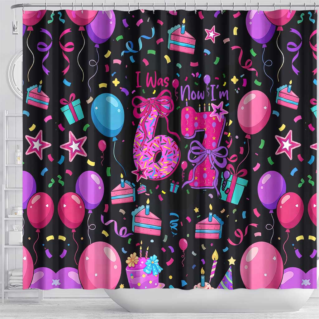 7th Birthday Girl Shower Curtain with Cake Balloons Confetti and I Was 6 Now I'm 7