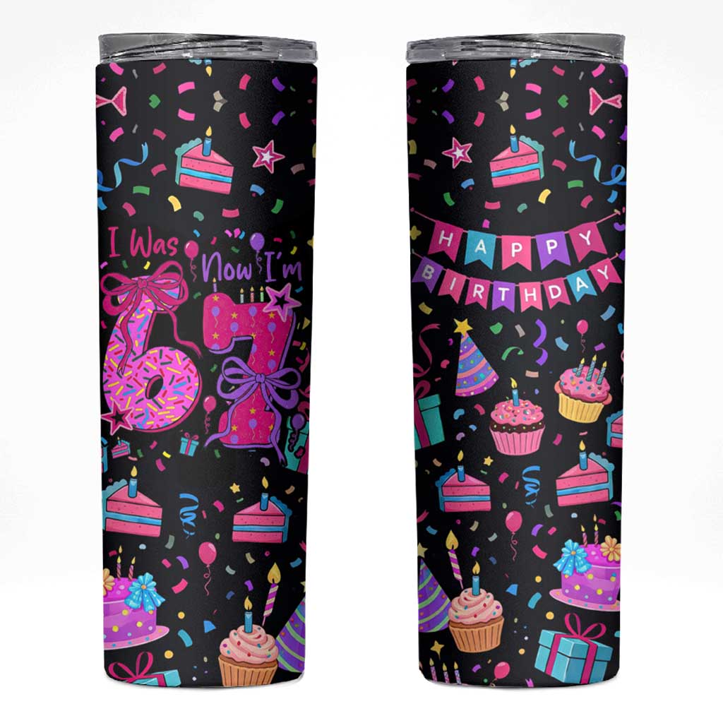 7th Birthday Girl Skinny Tumbler with Cake Balloons Confetti and I Was 6 Now I'm 7