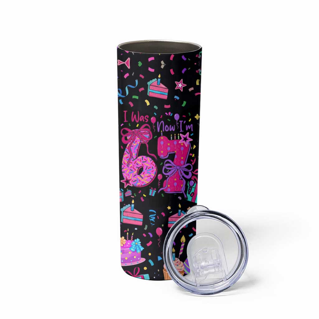 7th Birthday Girl Skinny Tumbler with Cake Balloons Confetti and I Was 6 Now I'm 7