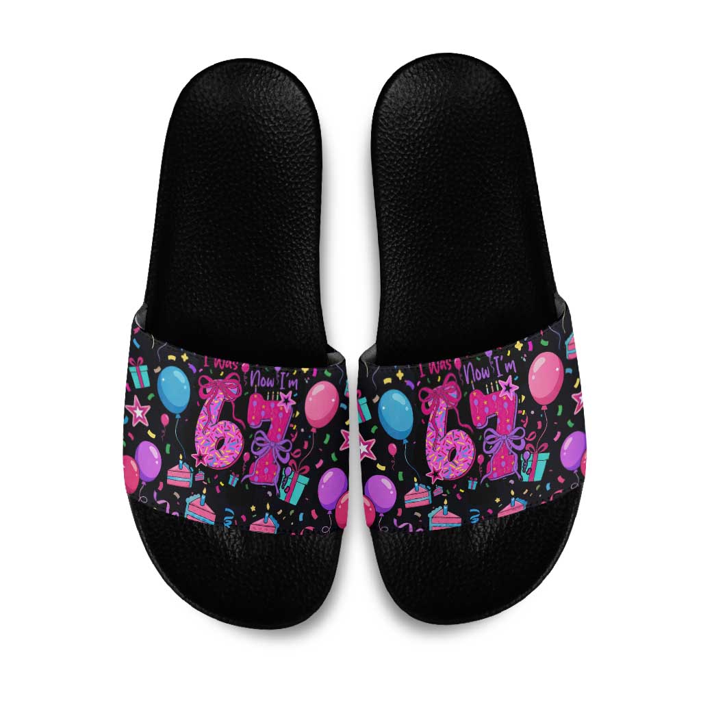 7th Birthday Girl Slide Sandals with Cake Balloons Confetti and I Was 6 Now I'm 7