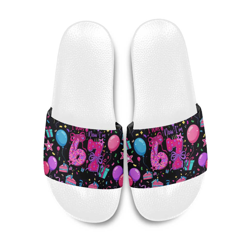 7th Birthday Girl Slide Sandals with Cake Balloons Confetti and I Was 6 Now I'm 7