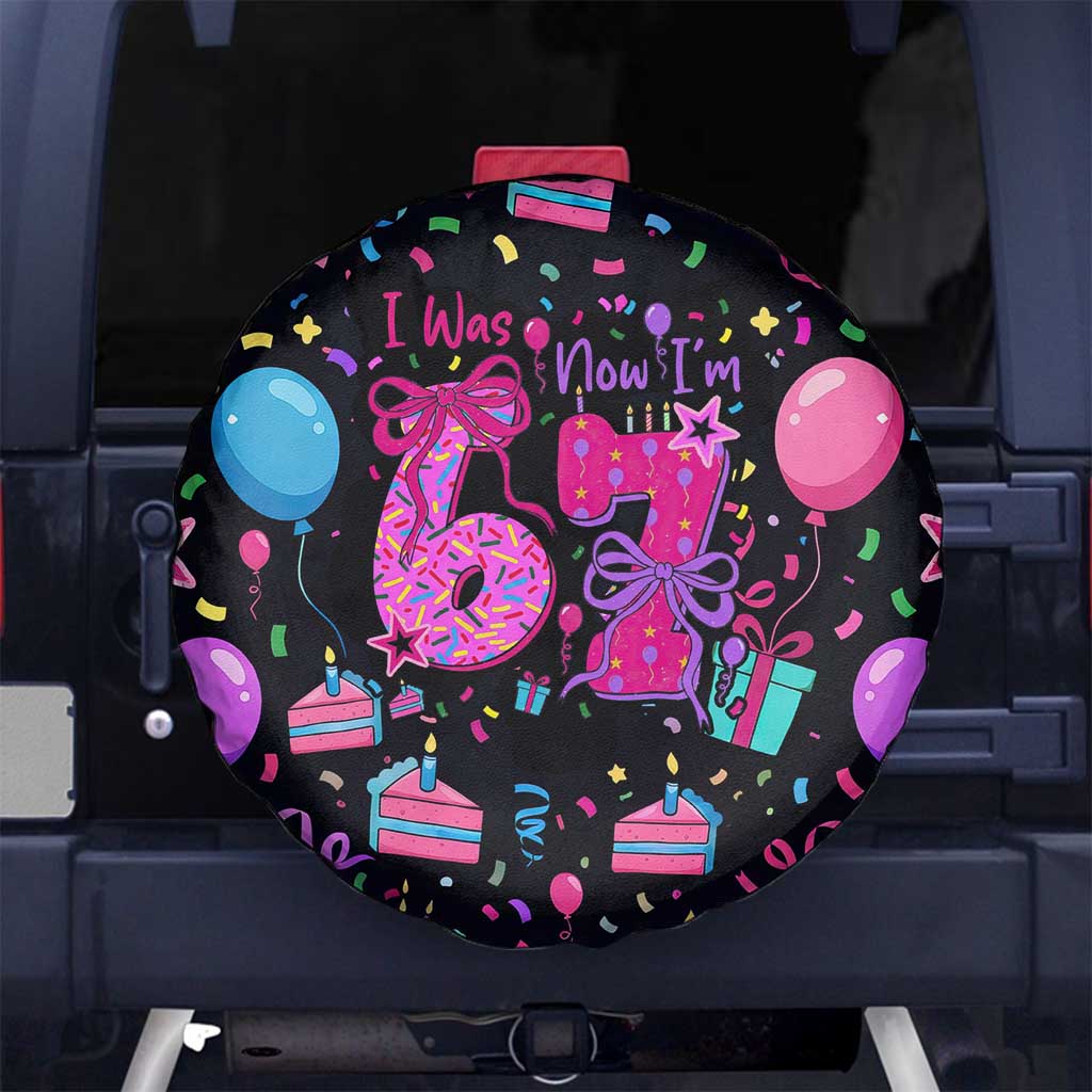 7th Birthday Girl Spare Tire Cover with Cake Balloons Confetti and I Was 6 Now I'm 7