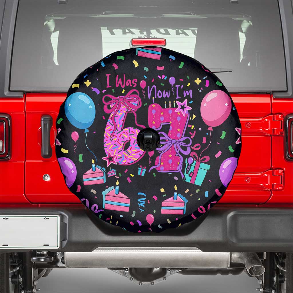 7th Birthday Girl Spare Tire Cover with Cake Balloons Confetti and I Was 6 Now I'm 7