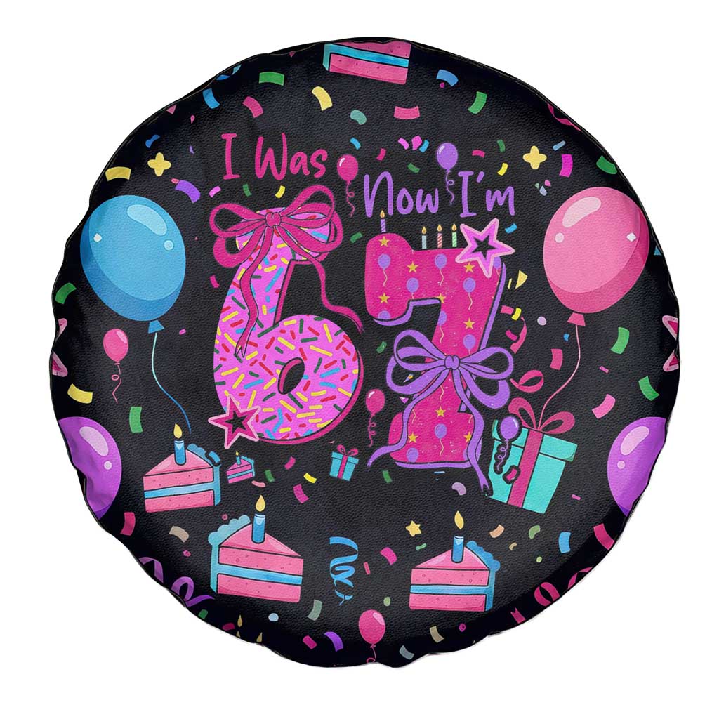 7th Birthday Girl Spare Tire Cover with Cake Balloons Confetti and I Was 6 Now I'm 7