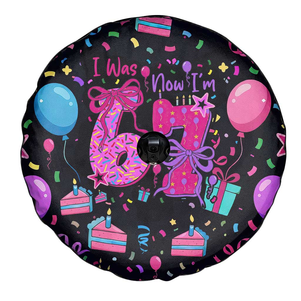 7th Birthday Girl Spare Tire Cover with Cake Balloons Confetti and I Was 6 Now I'm 7