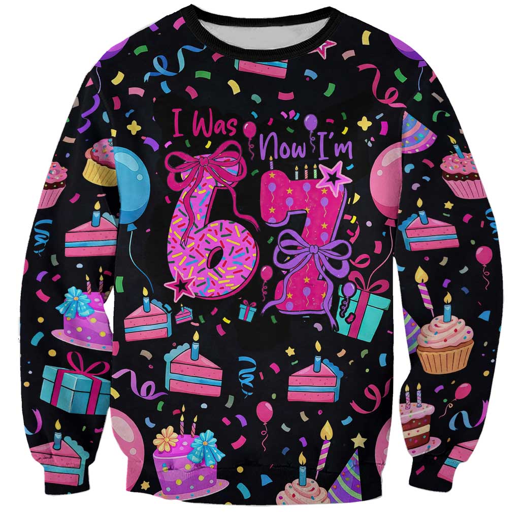 7th Birthday Girl Sweatshirt with Cake Balloons Confetti and I Was 6 Now I'm 7