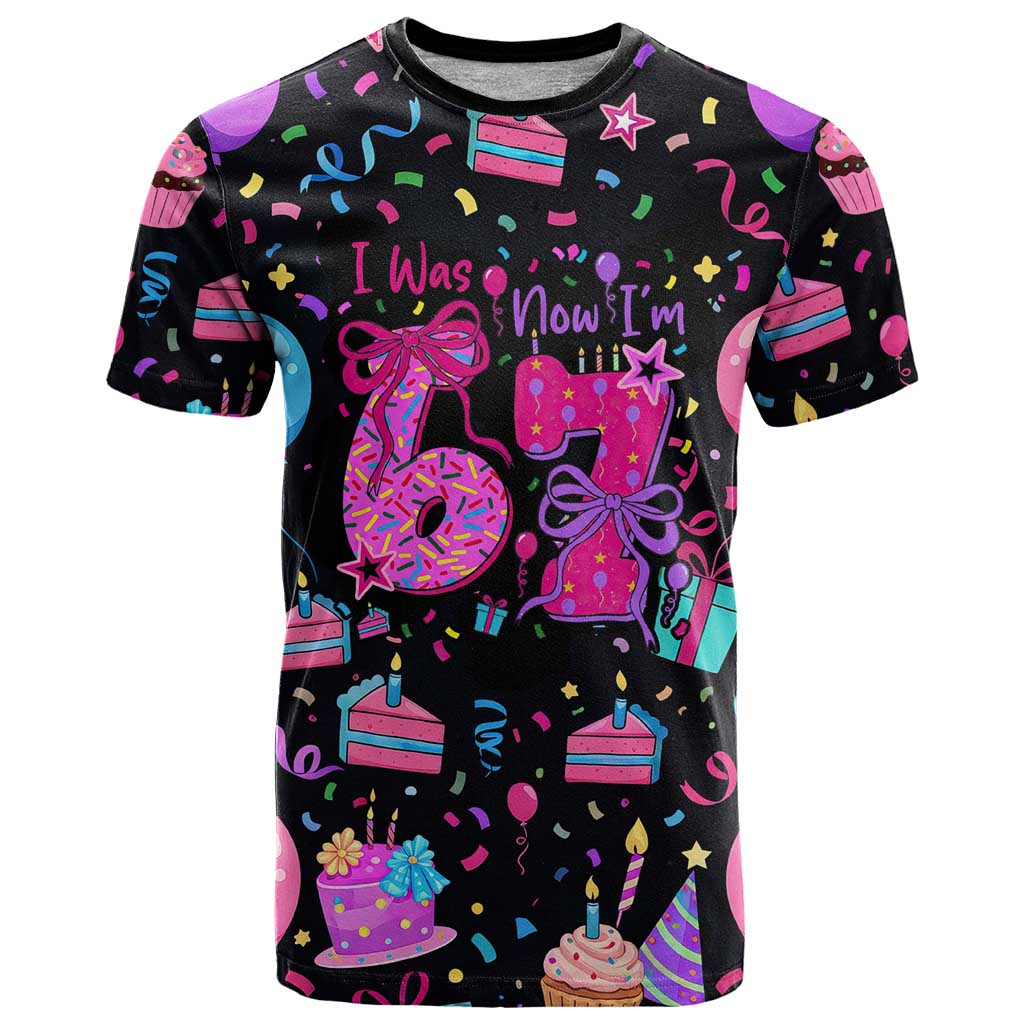 7th Birthday Girl T Shirt with Cake Balloons Confetti and I Was 6 Now I'm 7