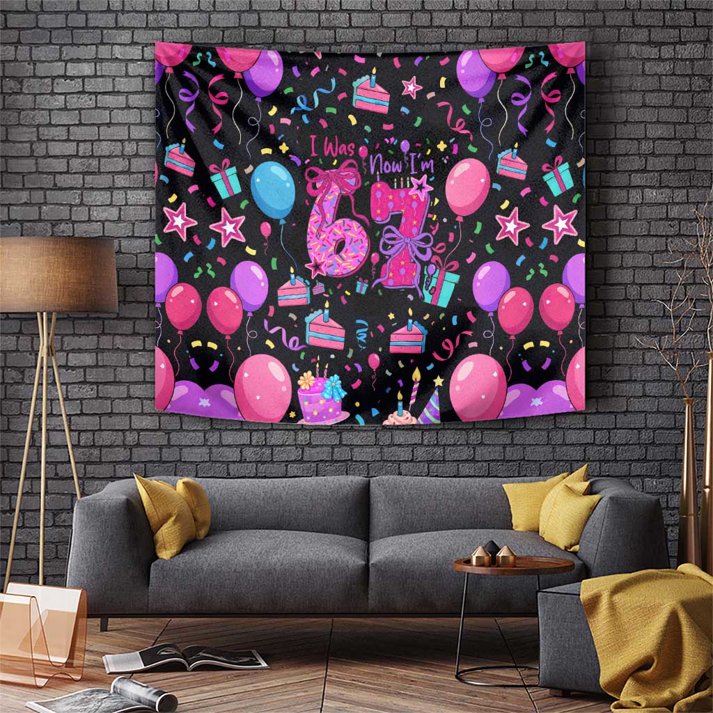 7th Birthday Girl Tapestry with Cake Balloons Confetti and I Was 6 Now I'm 7