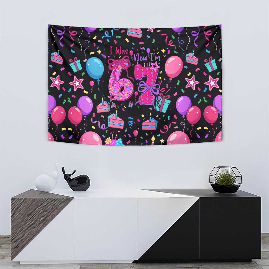 7th Birthday Girl Tapestry with Cake Balloons Confetti and I Was 6 Now I'm 7
