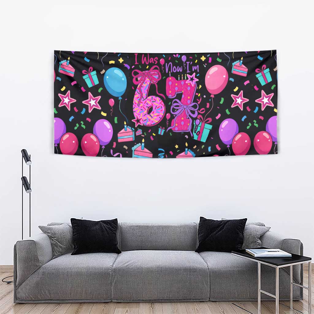 7th Birthday Girl Tapestry with Cake Balloons Confetti and I Was 6 Now I'm 7