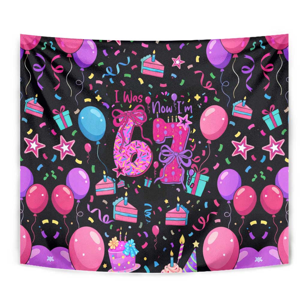 7th Birthday Girl Tapestry with Cake Balloons Confetti and I Was 6 Now I'm 7