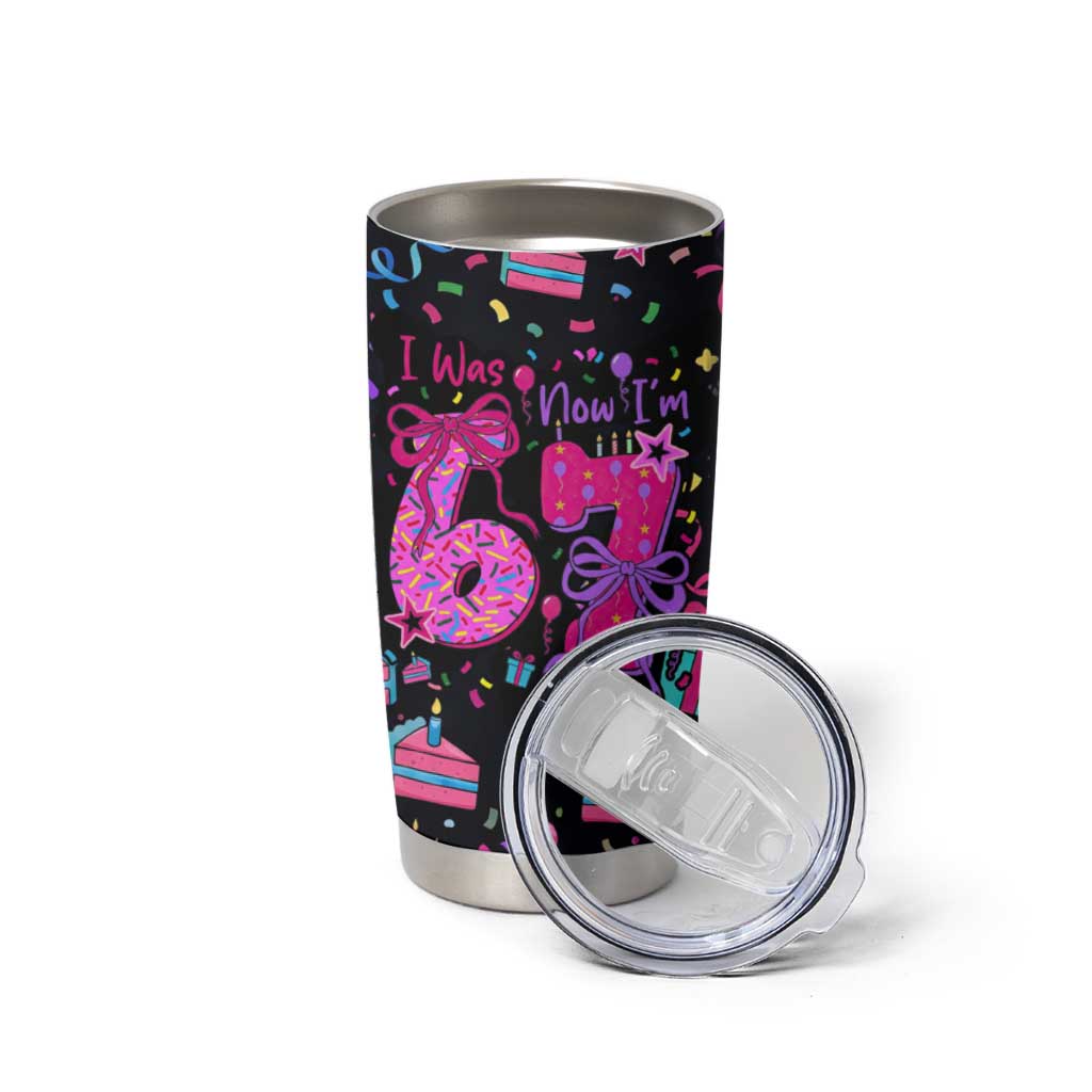 7th Birthday Girl Tumbler Cup with Cake Balloons Confetti and I Was 6 Now I'm 7