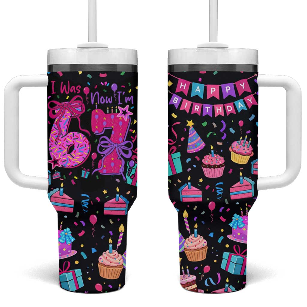 7th Birthday Girl Tumbler With Handle with Cake Balloons Confetti and I Was 6 Now I'm 7