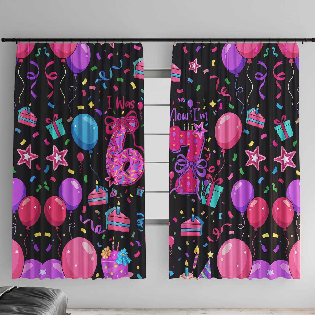 7th Birthday Girl Window Curtain with Cake Balloons Confetti and I Was 6 Now I'm 7