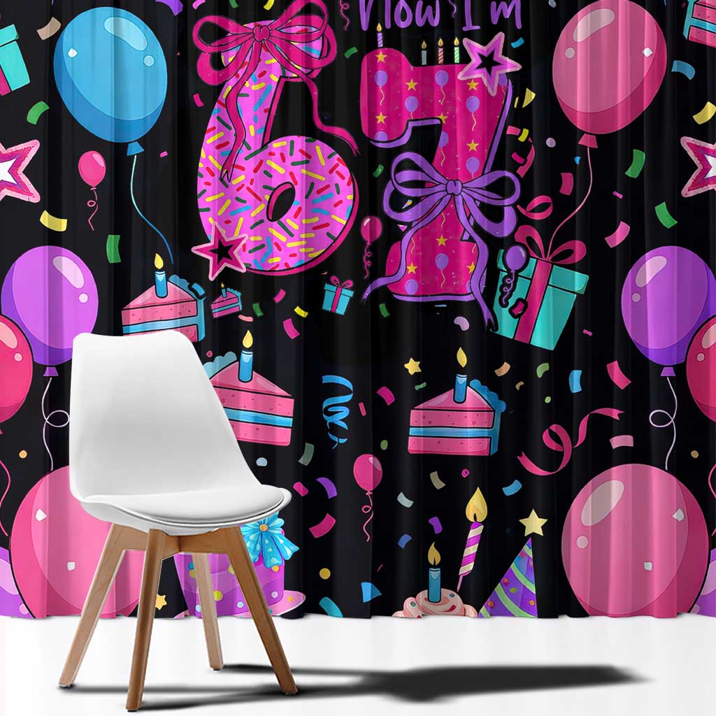 7th Birthday Girl Window Curtain with Cake Balloons Confetti and I Was 6 Now I'm 7