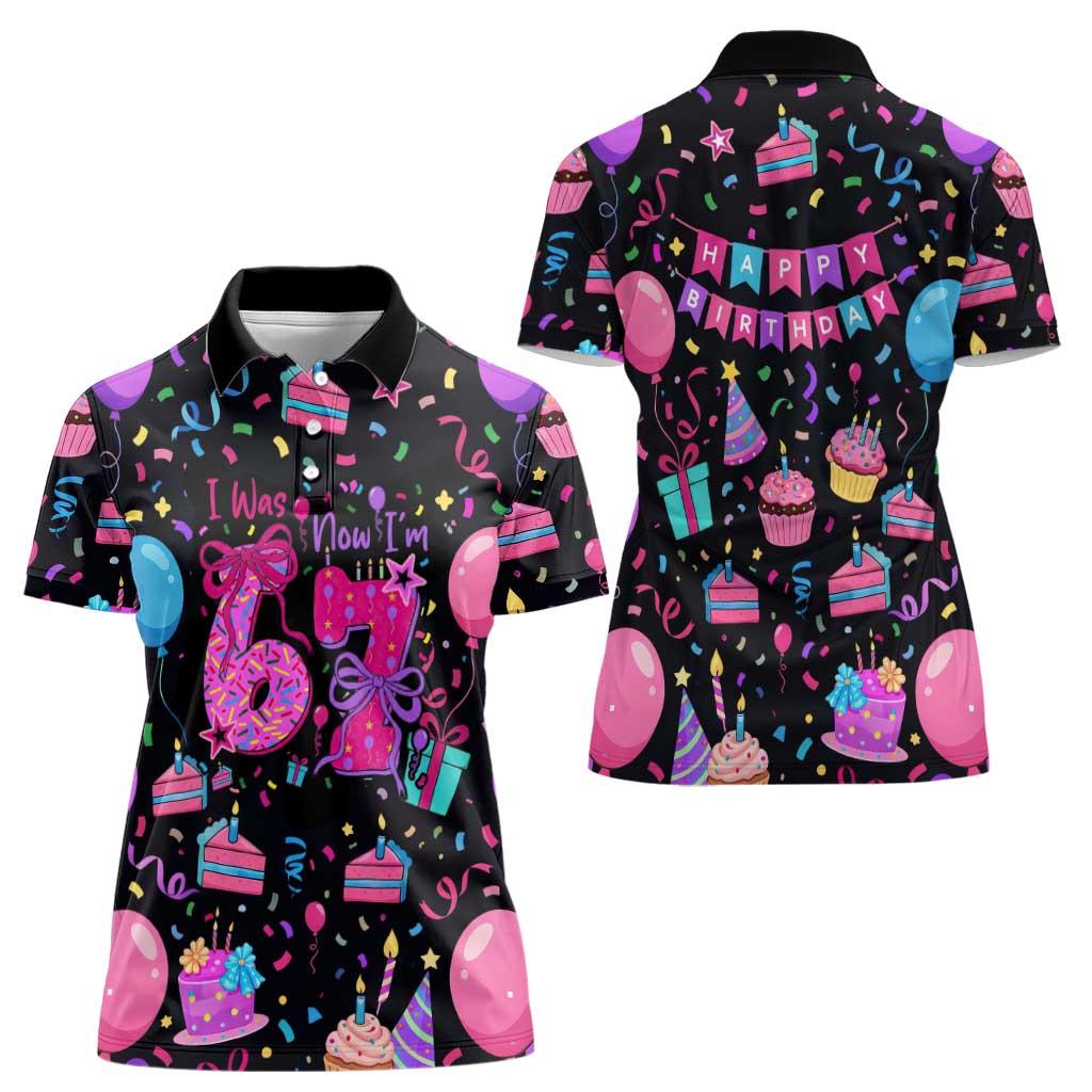 7th Birthday Girl Women Polo Shirt with Cake Balloons Confetti and I Was 6 Now I'm 7