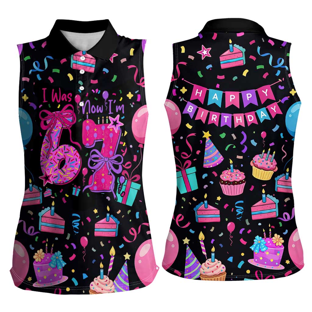 7th Birthday Girl Women Sleeveless Polo Shirt with Cake Balloons Confetti and I Was 6 Now I'm 7