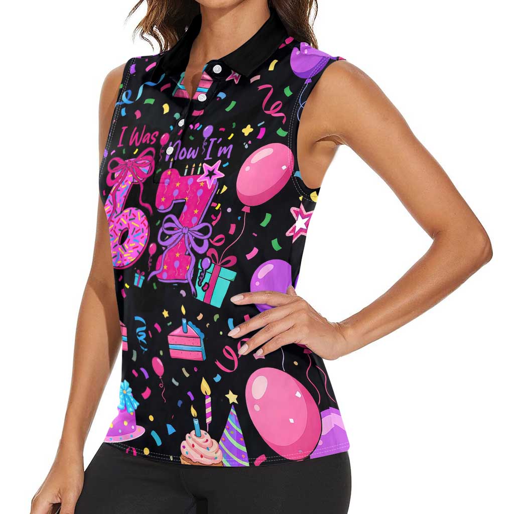 7th Birthday Girl Women Sleeveless Polo Shirt with Cake Balloons Confetti and I Was 6 Now I'm 7