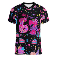 7th Birthday Girl Women V-Neck T-Shirt with Cake Balloons Confetti and I Was 6 Now I'm 7