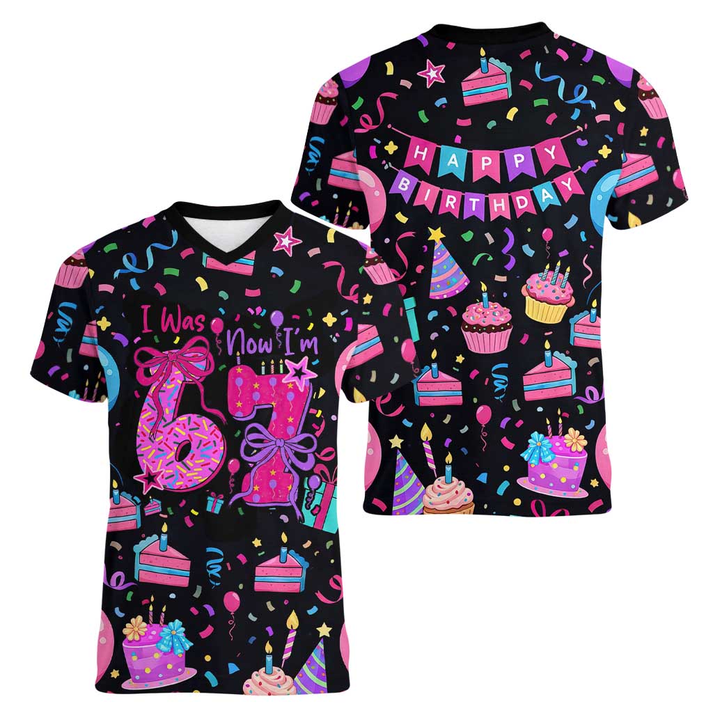7th Birthday Girl Women V-Neck T-Shirt with Cake Balloons Confetti and I Was 6 Now I'm 7