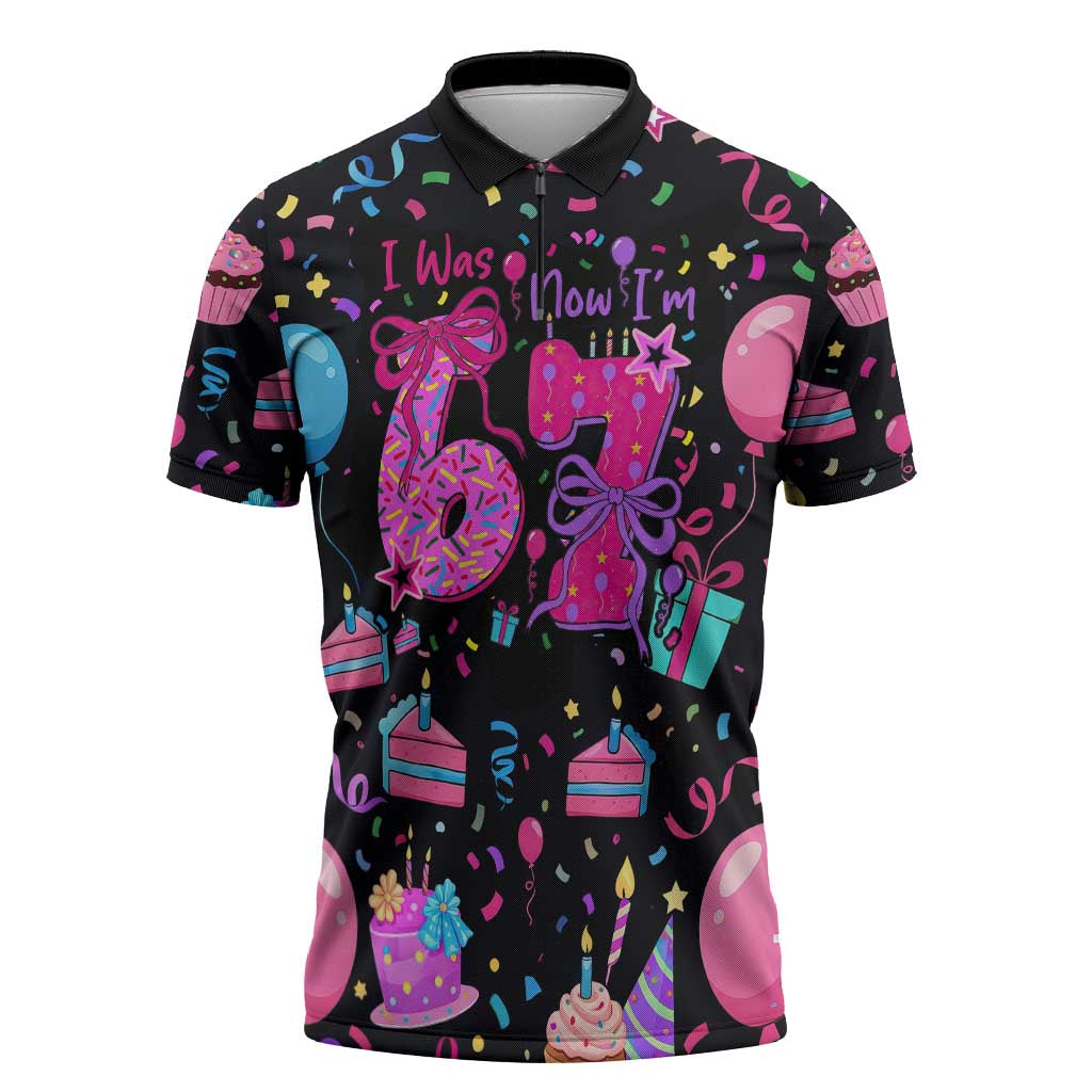 7th Birthday Girl Zipper Polo Shirt with Cake Balloons Confetti and I Was 6 Now I'm 7