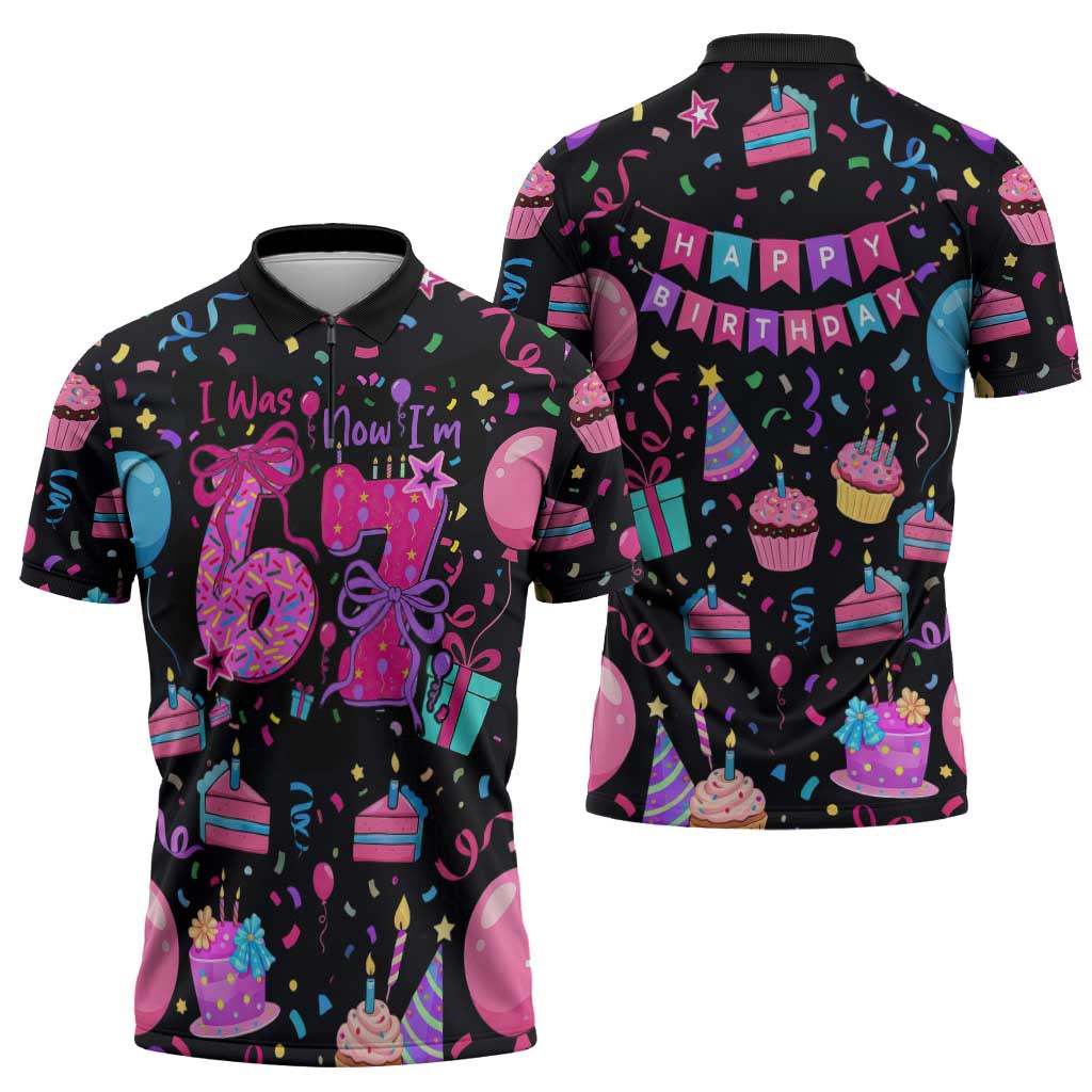 7th Birthday Girl Zipper Polo Shirt with Cake Balloons Confetti and I Was 6 Now I'm 7