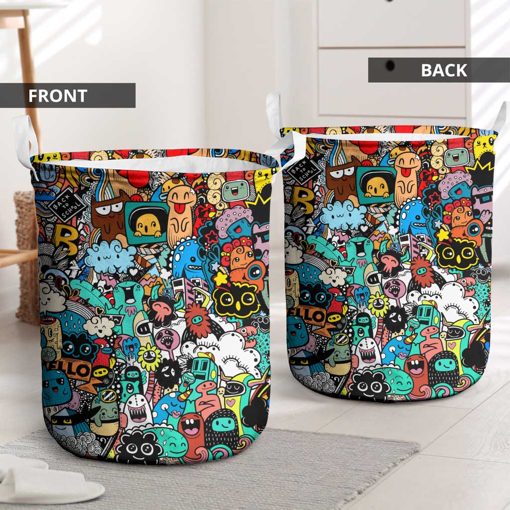 Happy Doodle Monsters Sticker Bomb Laundry Basket Funny Graffiti Style Cartoon