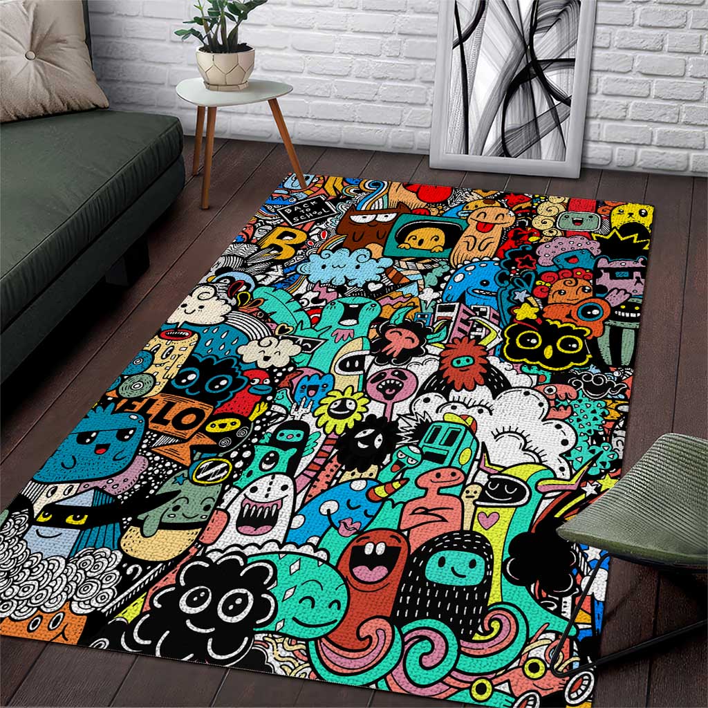 Happy Doodle Monsters Sticker Bomb Area Rug Funny Graffiti Style Cartoon