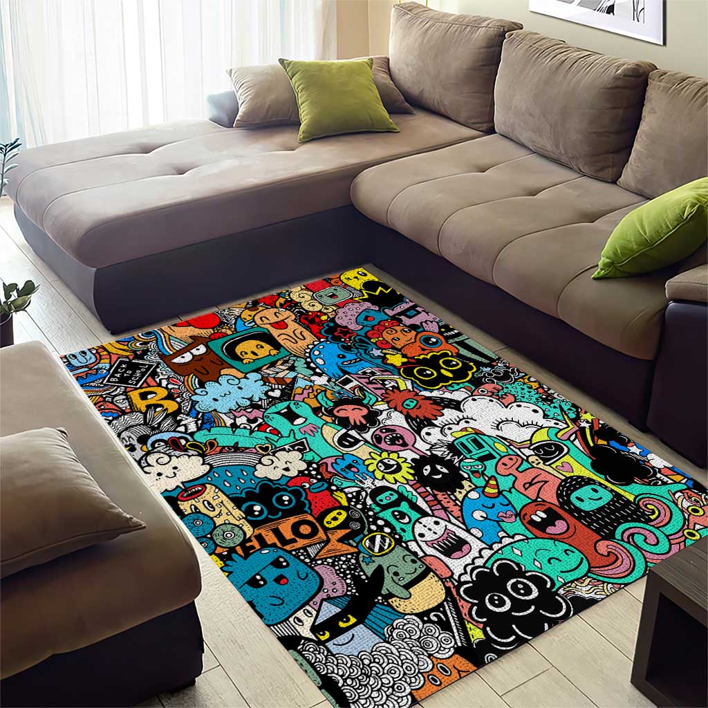 Happy Doodle Monsters Sticker Bomb Area Rug Funny Graffiti Style Cartoon