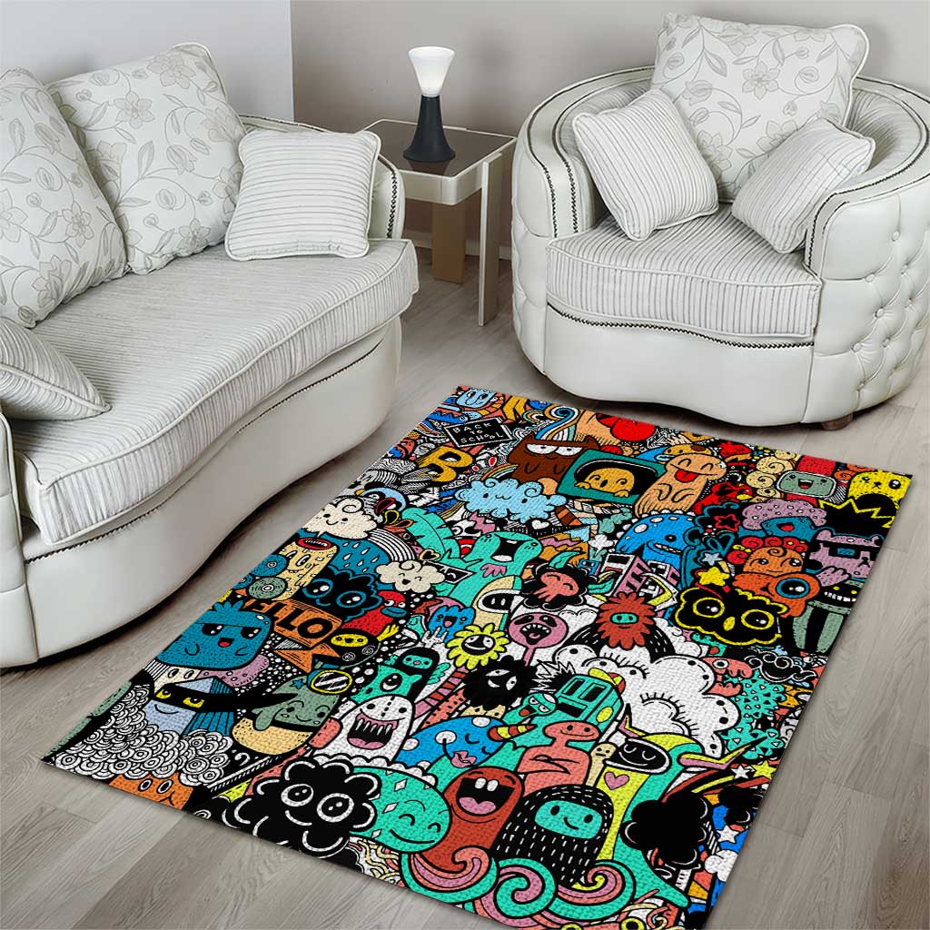Happy Doodle Monsters Sticker Bomb Area Rug Funny Graffiti Style Cartoon