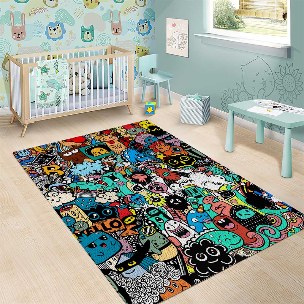 Happy Doodle Monsters Sticker Bomb Area Rug Funny Graffiti Style Cartoon