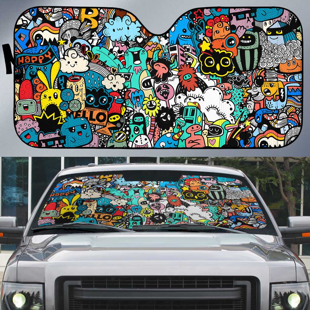 Happy Doodle Monsters Sticker Bomb Auto Sun Shade Funny Graffiti Style Cartoon