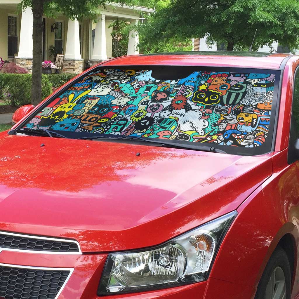 Happy Doodle Monsters Sticker Bomb Auto Sun Shade Funny Graffiti Style Cartoon