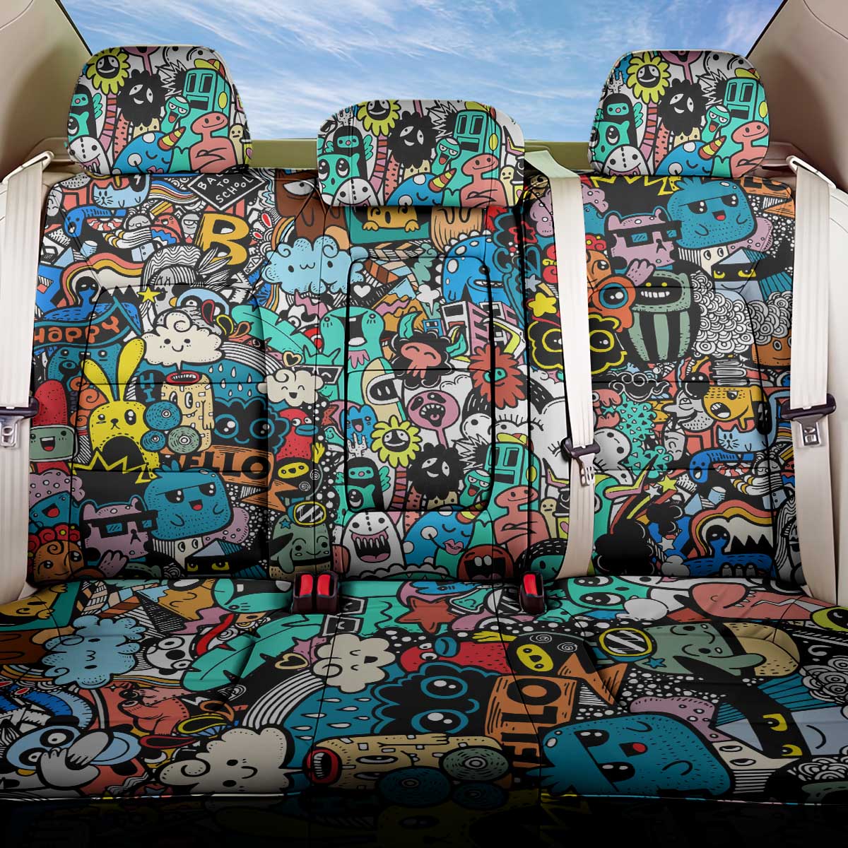 Happy Doodle Monsters Sticker Bomb Back Car Seat Cover Funny Graffiti Style Cartoon